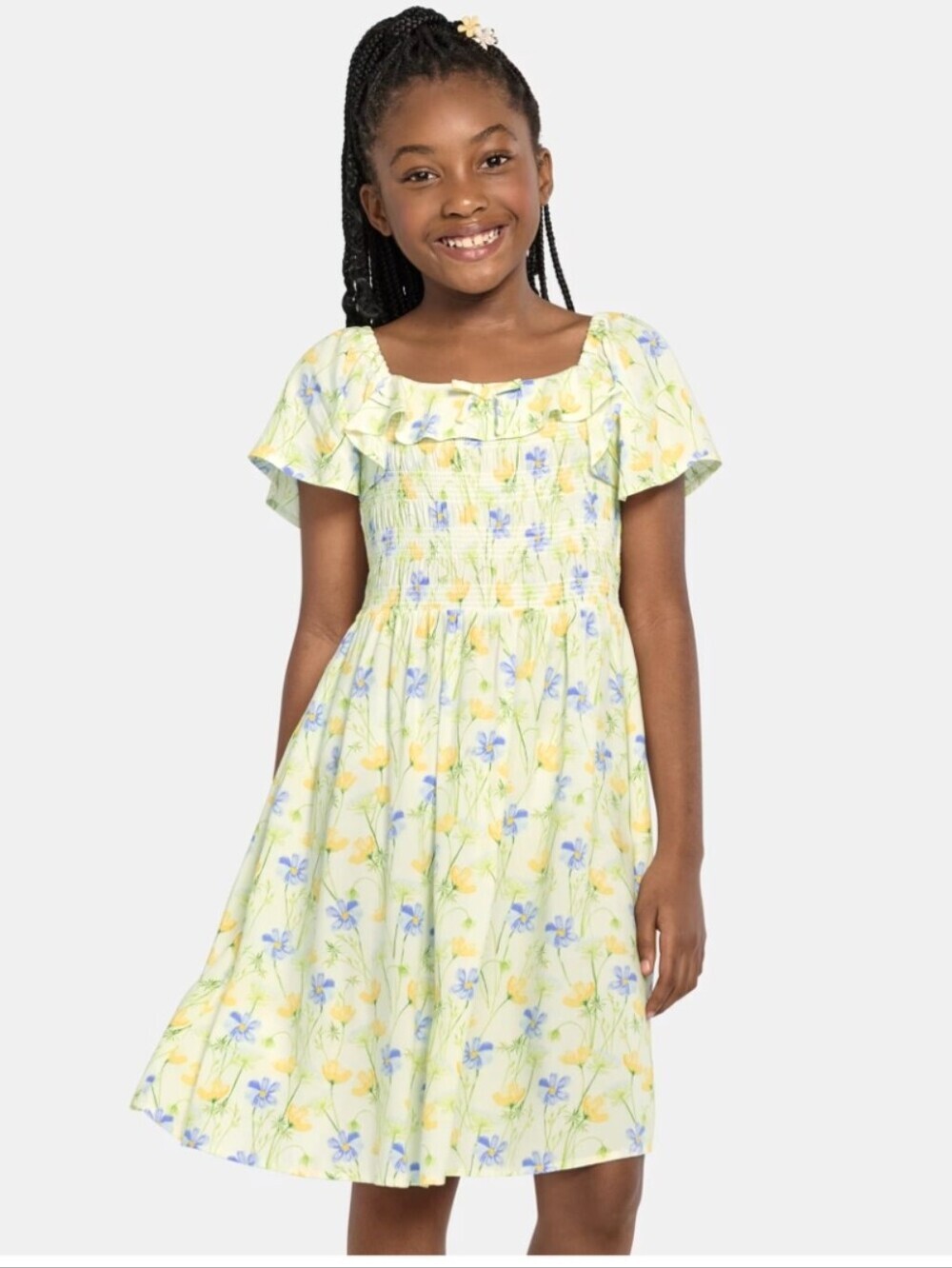 The Children's Place Girls Floral Smocked Dress Flutter Sleeve Blue Yellow Sz XL